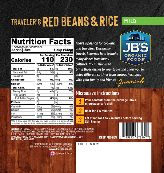 JB's Organic Foods Travelers Red Beans and Rice Mild - 1 / 6 / 10 oz bag